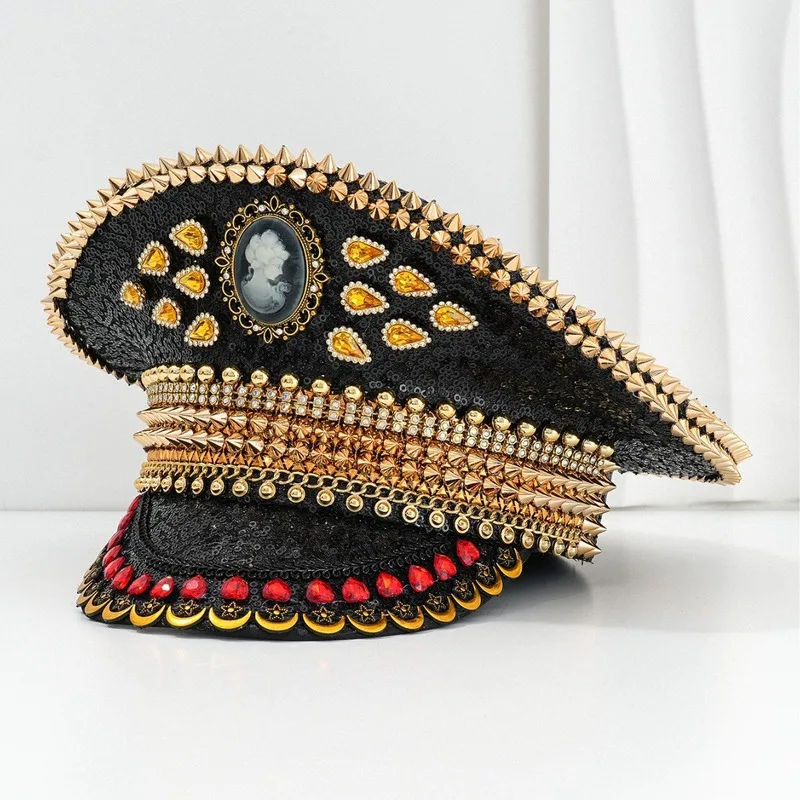 Men's and women's stage party hats, featuring unique designs with rivets, heart shapes, and gemstones, perfect for parties and c