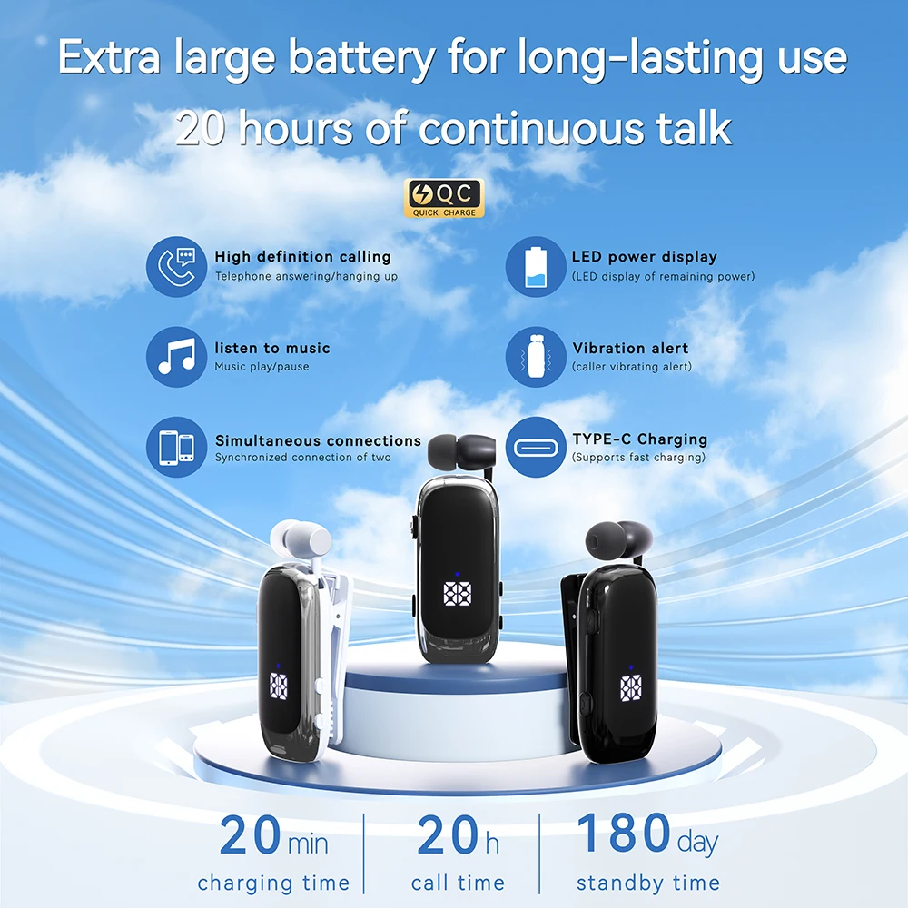 Mini Portable Bluetooth Wireless Headphones BT5.4 In-Ear Headset Wear Clip Hands Free Earphones Lotus Ears With Wire Type c