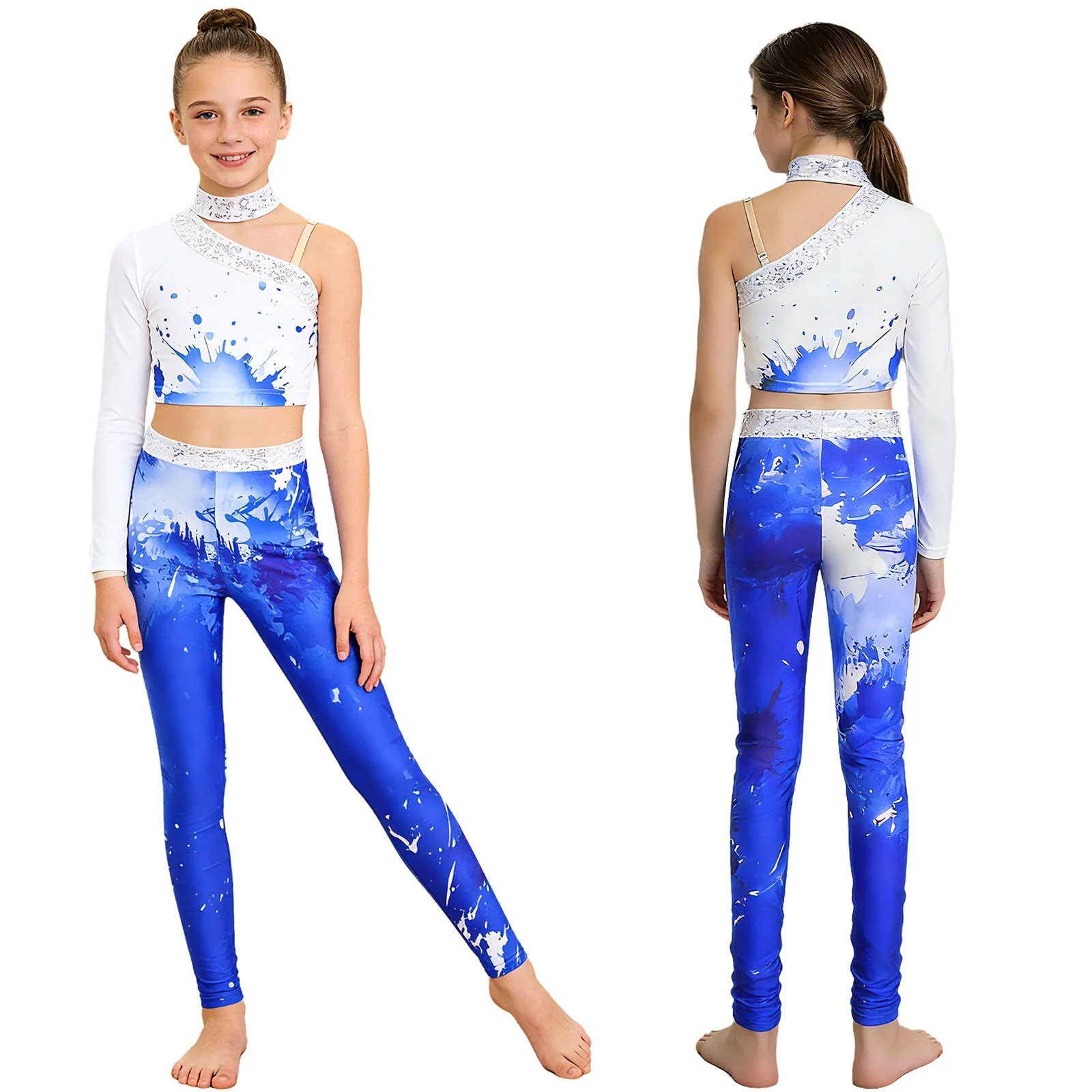 Kids Girls Gymnastics Outfit Shiny Sequins Sleeveless Crop Top with Leggings for Figure Skating Dance Performance Costumes