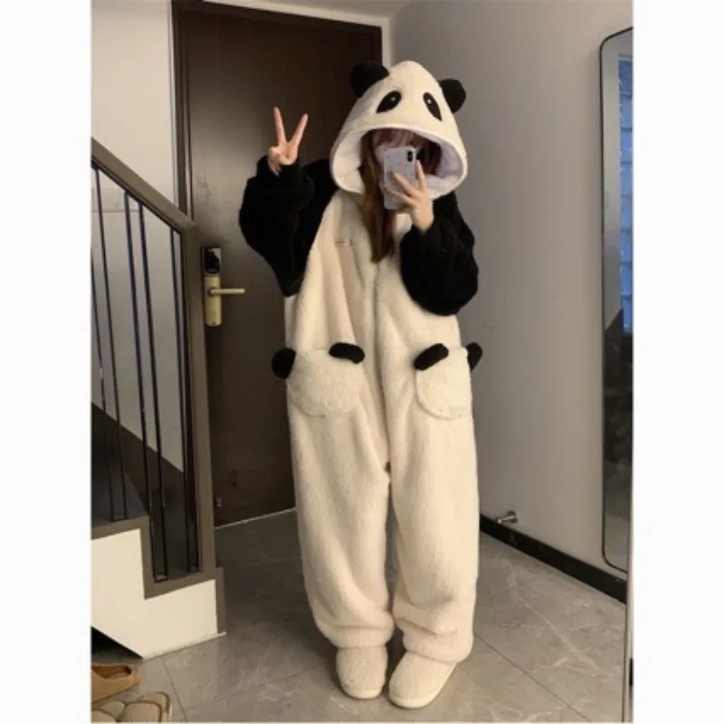Ladies Winter Warm Flannel Pajamas Women Onesies Cute Panda Hooded Jumpsuit Home Outfit Wearable Plush Loungewear
