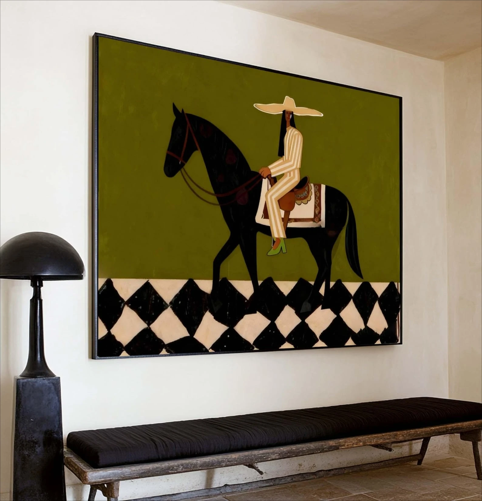 2D/Flat Large Abstract Horse Rider Canvas Painting - Frameless Vintage Olive Green Minimalist Wall Art Prints for Home Decortion