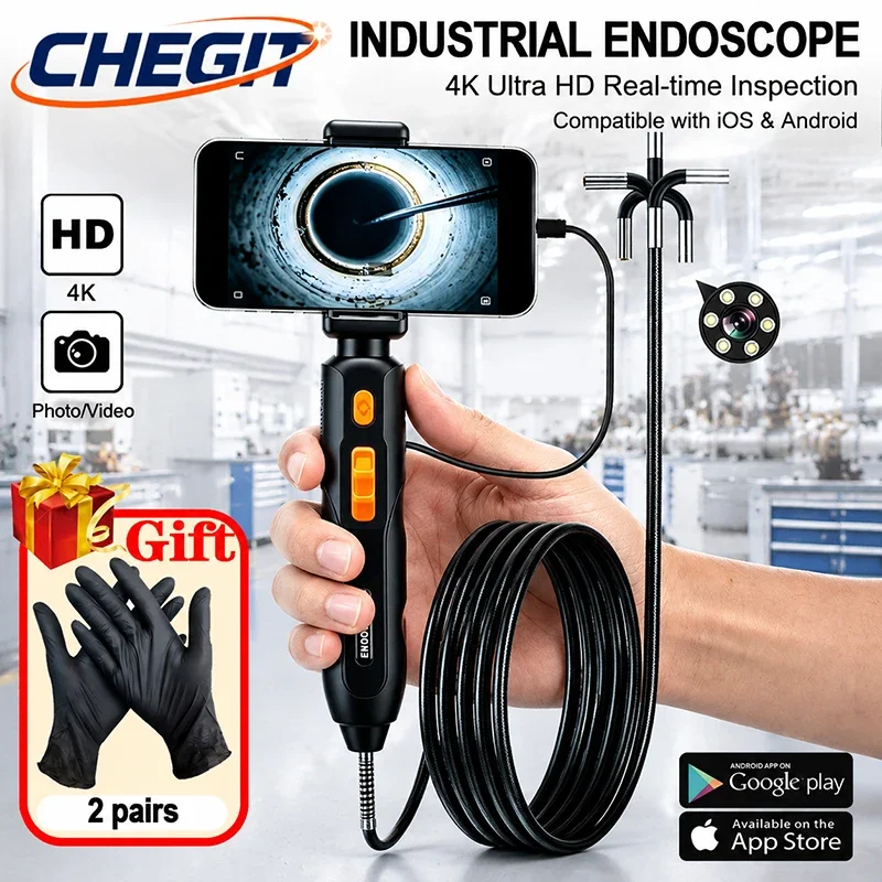 360° Articulating Endoscope Camera Waterproof IP67 4K UHD Borescope Car Inspection Industrial Endoscope For IOS Android Home use