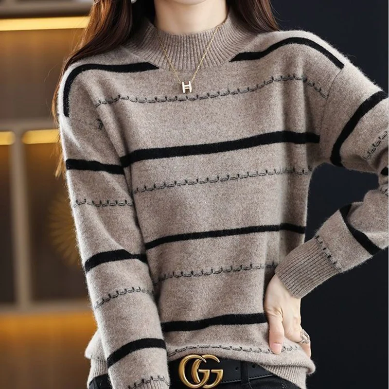 

Fashion Stand Collar Spliced Casual Striped Sweaters Women's Clothing 2023 Winter Loose Knitted Commuter Pullovers Korean Tops