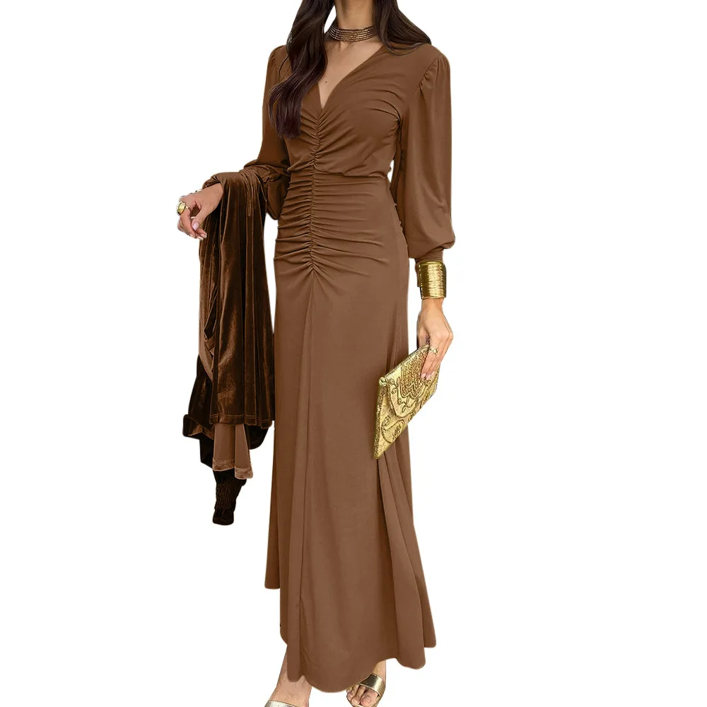 

New Fashion Sexy Slim Pleated Skirt Women Summer Elegant Solid Color V-neck Jumpsuit Long-sleeved Dress For Women Evening Dress