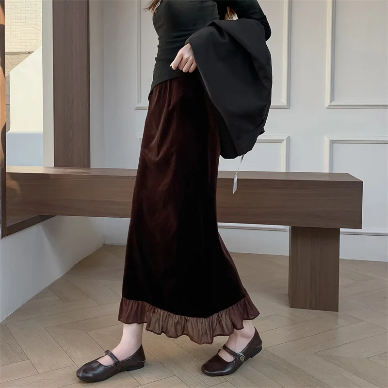 Women Velvet Midi Skirt Autumn Winter Elastic High Waist Ruffle Hem Split A-line Slim Fit Wrap Long Skirt