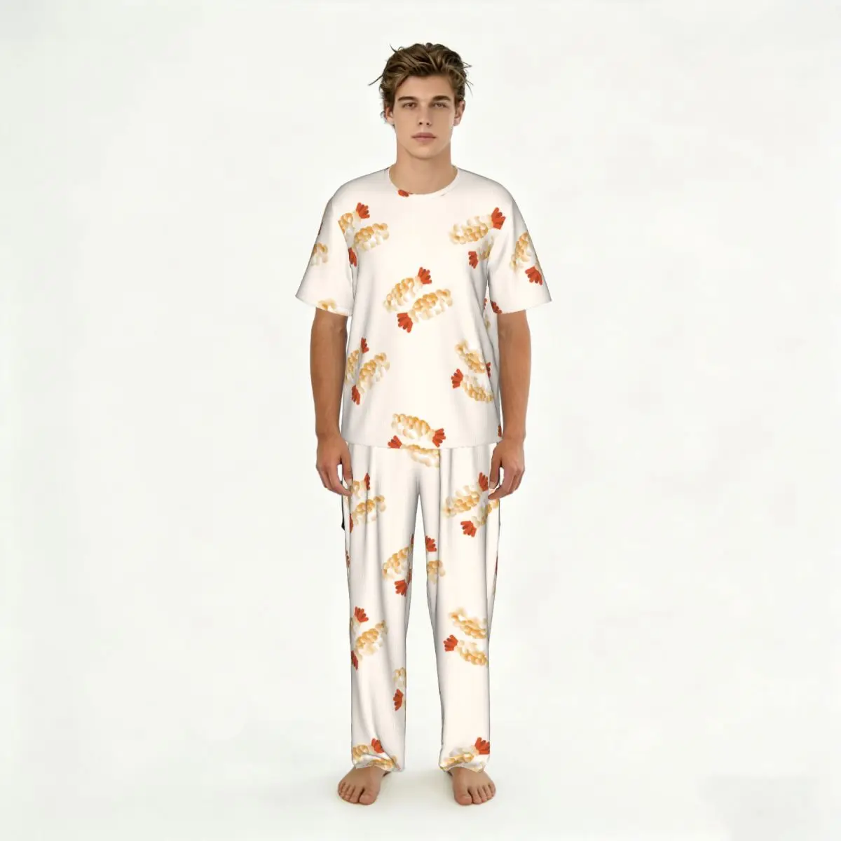 

Men Pajamas Set Japanese Food Shrimp Cartoon Pattern Short Sleeve Spring Summer Lounge Sleepwear Male Nightwear