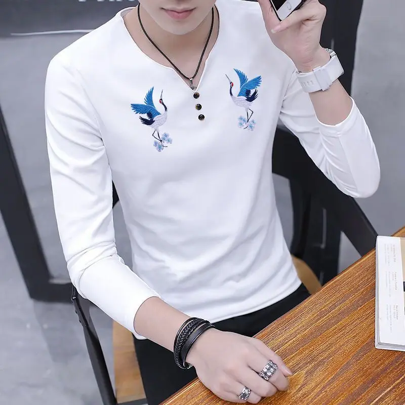 Men Lightweight Cotton V Neck Long Sleeve T Shirt National Style Crane Design Autumn Base Layer New