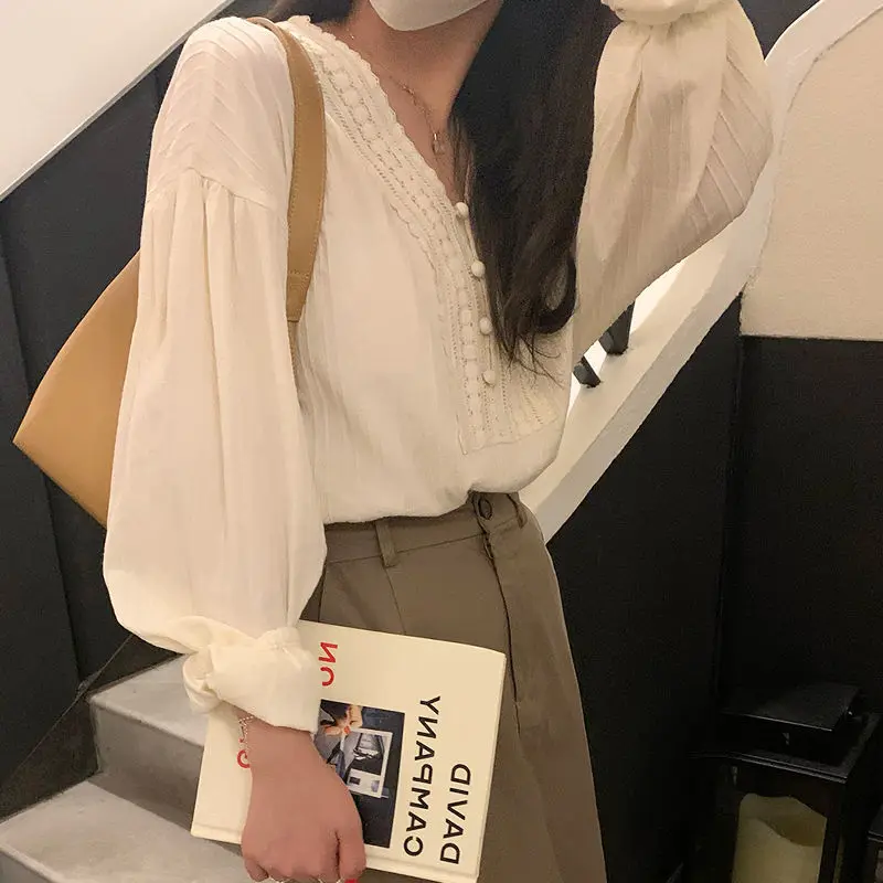 Spring Cotton Long Sleeve White Women\'s Blouse Office Lady Elegant Tops 2024 Fashion Autumn V-neck Shirt