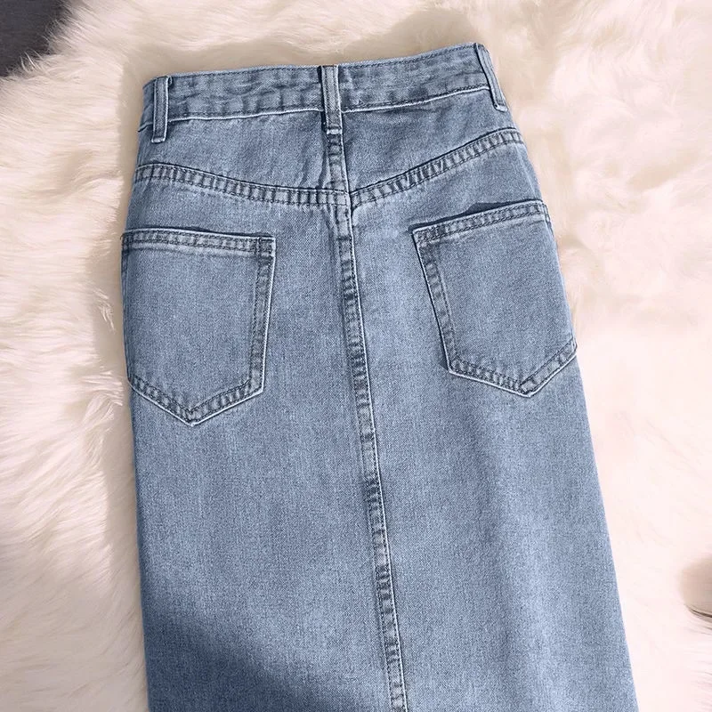Vrouwen Distressed Denim Rok Gesplitste Wrap Billen Rokken Hoge Taille Gewassen Effen Enkellange Rits Zakken Casual