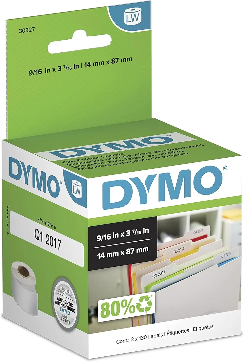 

File Folder Labels for Label Printers, White 9/16" x 3-7/16", 2 Rolls of 130 (260 Total)