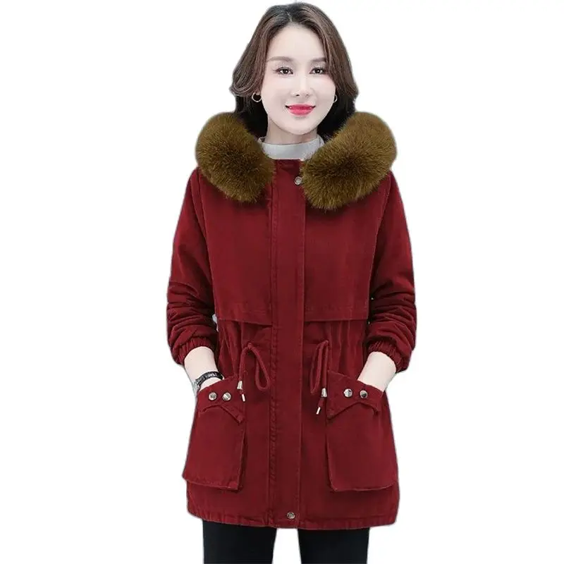 

Winter Mid-Long Cotton Jacket Women New Hooded Fur Collar Coat Fashion Thicken Pure Colour Outerwear Loose Parka Overcoat Female