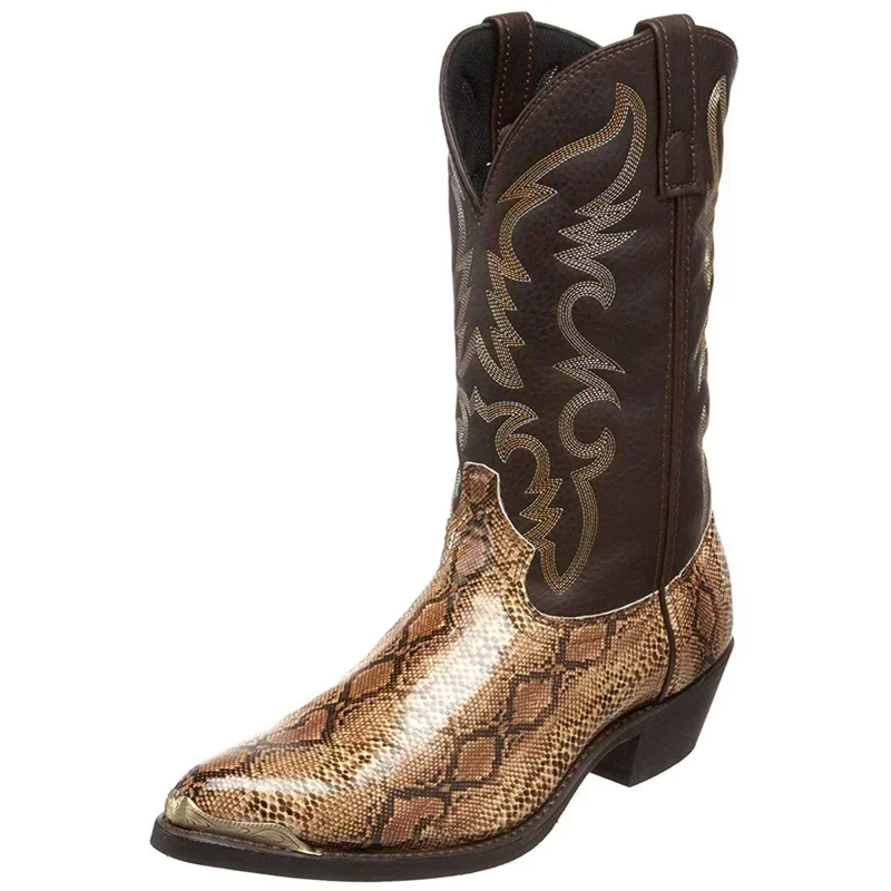 Retro Men Women Boots Golden Head Snake Skin Faux Leather Winter Shoes Embroidered Western Cowboy Boots Unisex Footwear Big Size