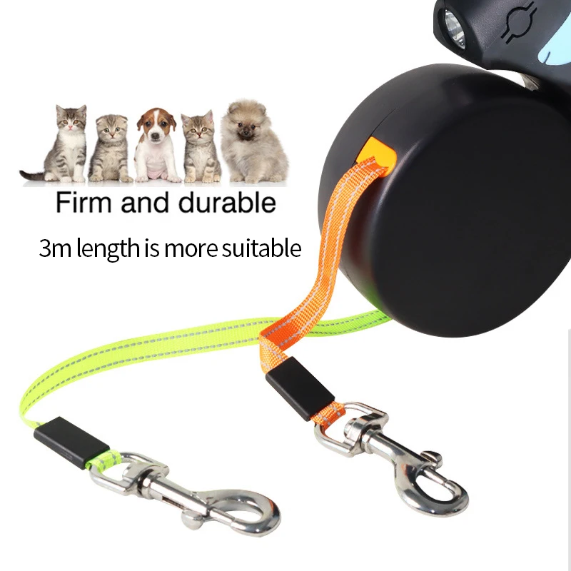 Self-Retracting Leash with LED Light, Dog Walker with 360° Swivel Double-Ended Leash, Separate Brake with 3 M Reflective Leash