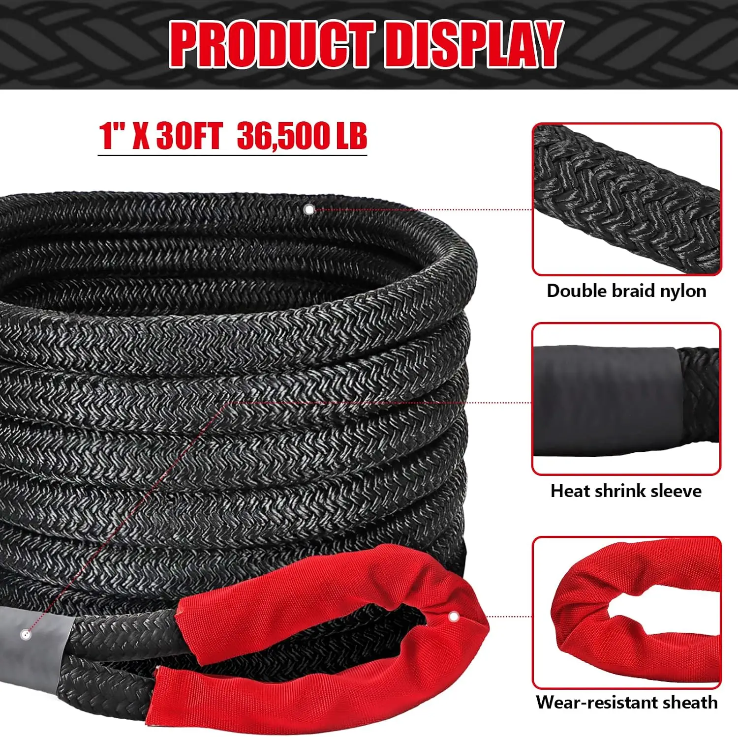 Kinetic Recovery Rope 56,000lbs with 2 D-Rings, Tow Ropes for Trucks Pickup | Tow Strap 1