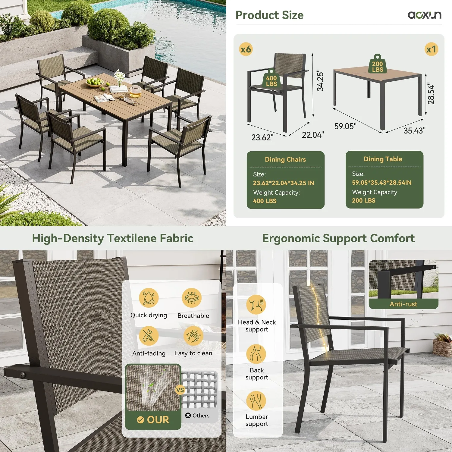 

7pc All-Weather Patio Dining Set w/ 6 Textilene Chairs & Rectangular Metal Table for Backyard Garden Poolside, Customized
