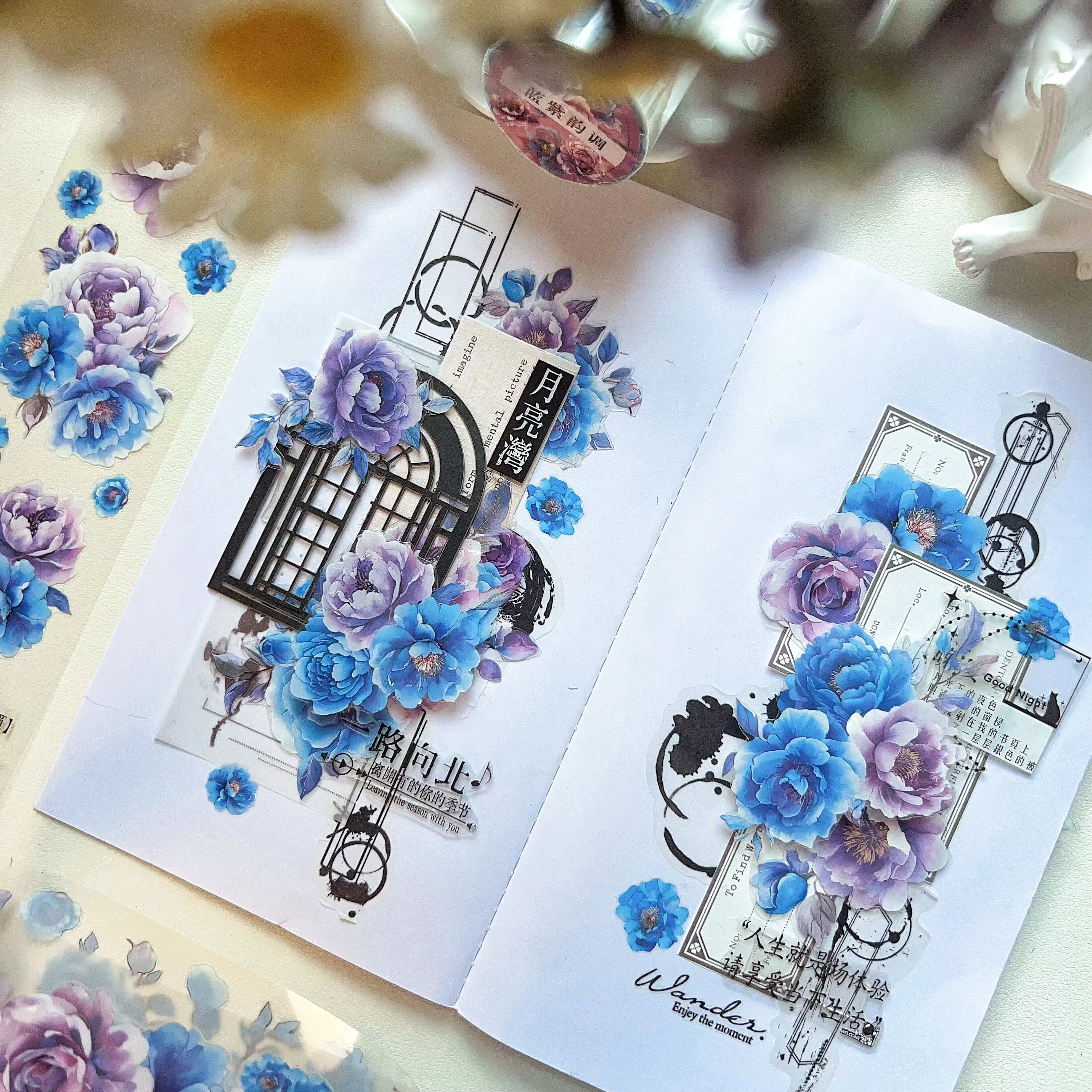 PET Die-Cut Planner Stickers & Tape - Retro Blue-Purple Floral, Original Design, Versatile Use (Purple Melody Series)