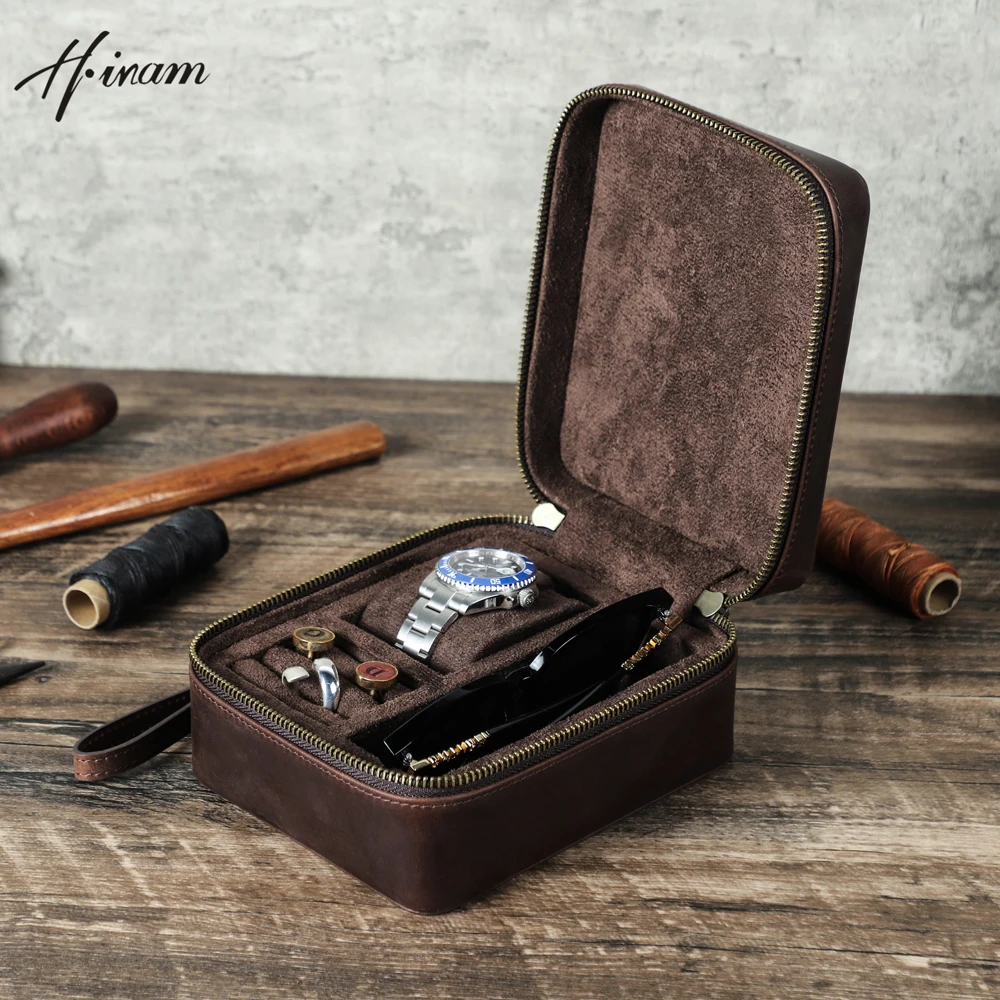 Retro Genuine Leather Watch Storage Box for Men Jewelry Rings Display Case Sunglasses Travel Portable Multifuntional Organizer