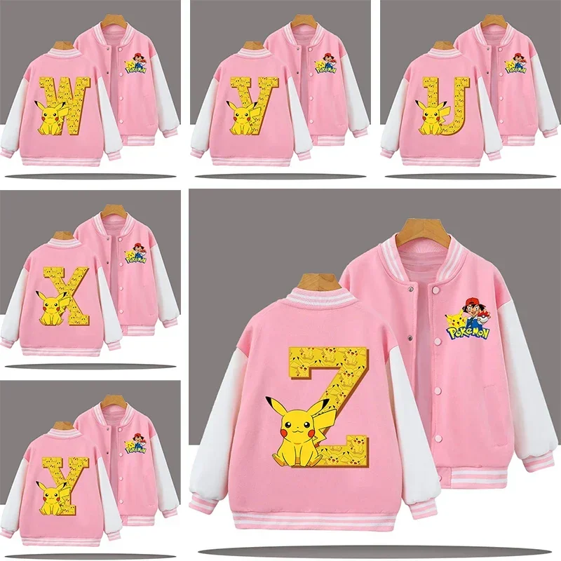 

New Letter A-Z Pikachu children's baseball outfit for boys, sports shirt with cartoon print, spring-autumn jacket, casual top