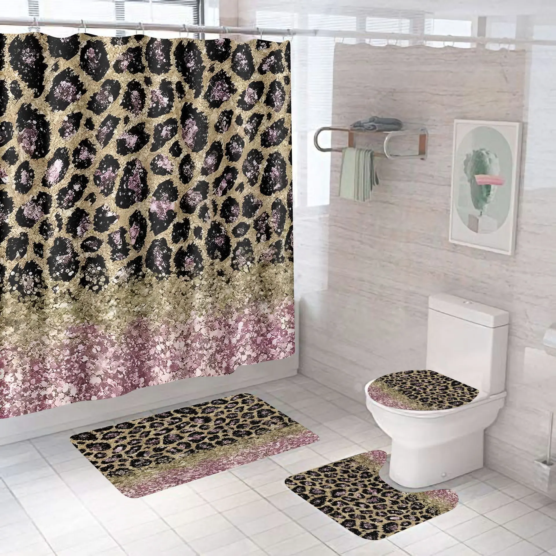 4PCS Girly Pink Glitter Leopard Print Waterproof Shower Curtain Set Bathroom Curtain Toilet Lid Cover Bath Mat Rugs