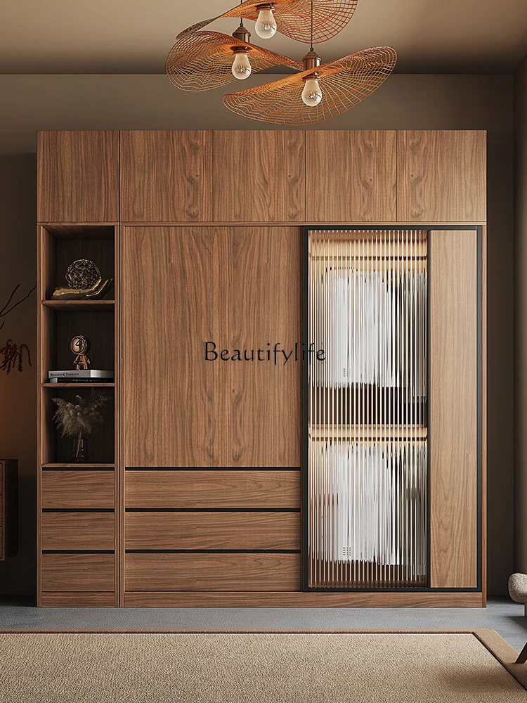 Nordic Style Sliding Door Wardrobe Wood Grain Color Tempered Glass Cabinet Door Combination