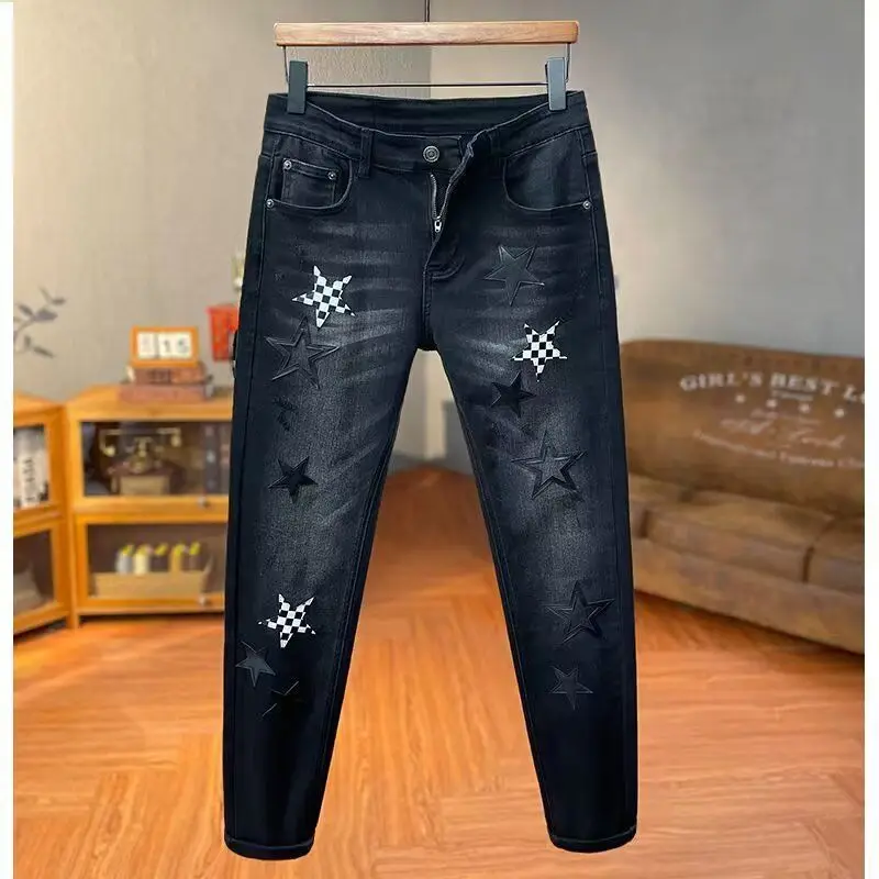 

Мужские джинсы ZhanChao Star Denim, черные, в корейском стиле, зауженные, повседневные, эластичные, молодежные, модные, для подростков, зимняя одежда