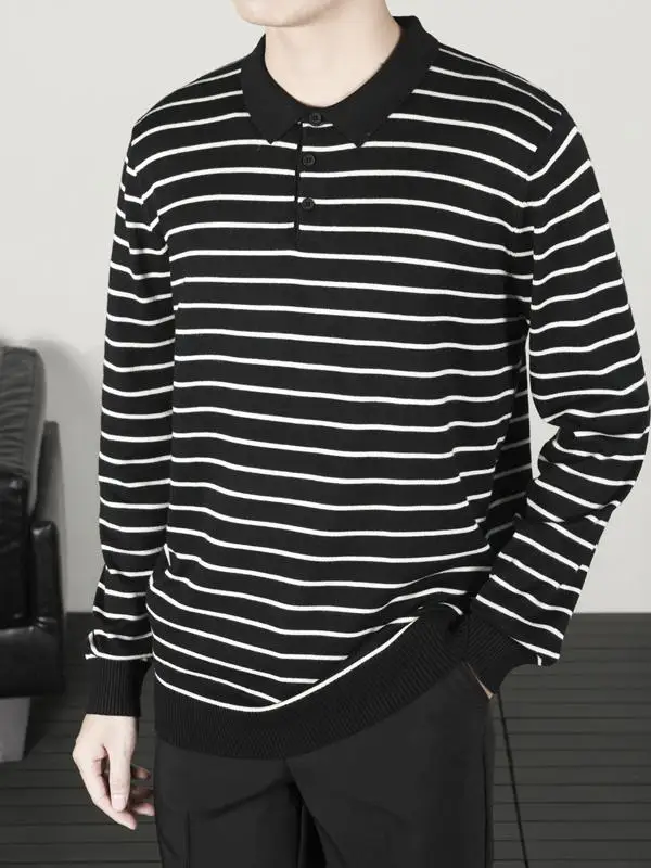 

Модный мужской вязаный свитер в полоску, повседневный, приталенный, с длинным рукавом, в корейском стиле, свободный, удобный, дышащий, базовый.