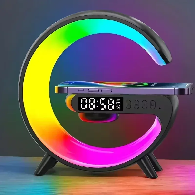 Wireless Charger Stand Pad RGB Light Alarm Clock Bluetooth Speaker For iPhone Samsung Xiaomi Earphone Fast Charging Dock Station