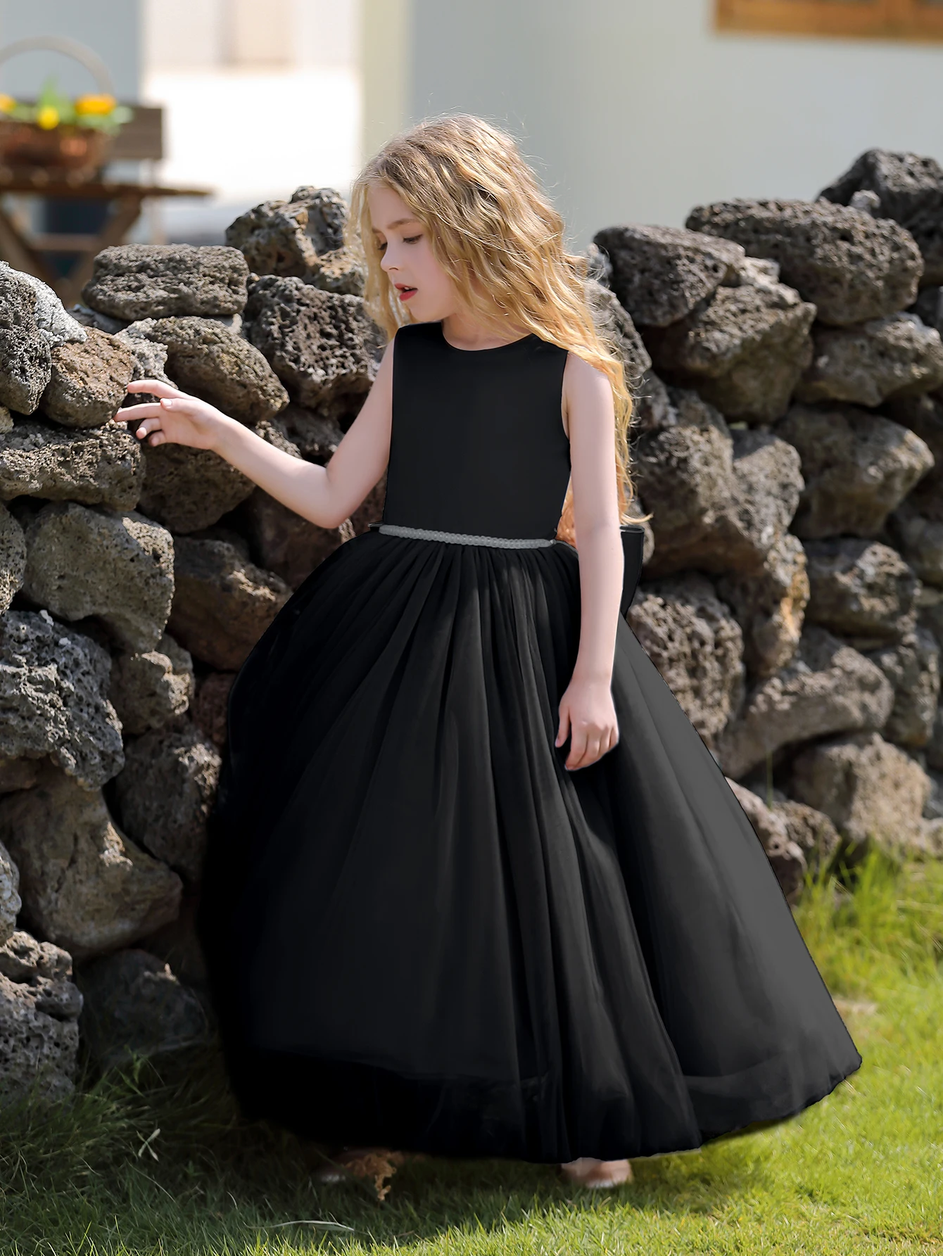 Luxury Satin Flower Girl Dress with Big Bow Sleeveless Fancy Formal Birthday Tulle Party Long Black Dresses