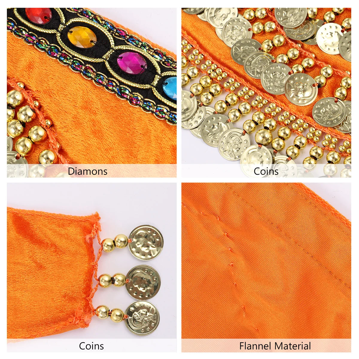 1 pezzo di cintura per sciarpa dell'anca di danza del ventre dell'India arancione, leggera e confortevole, decorazione con diamanti, regolabile per le prestazioni pratiche