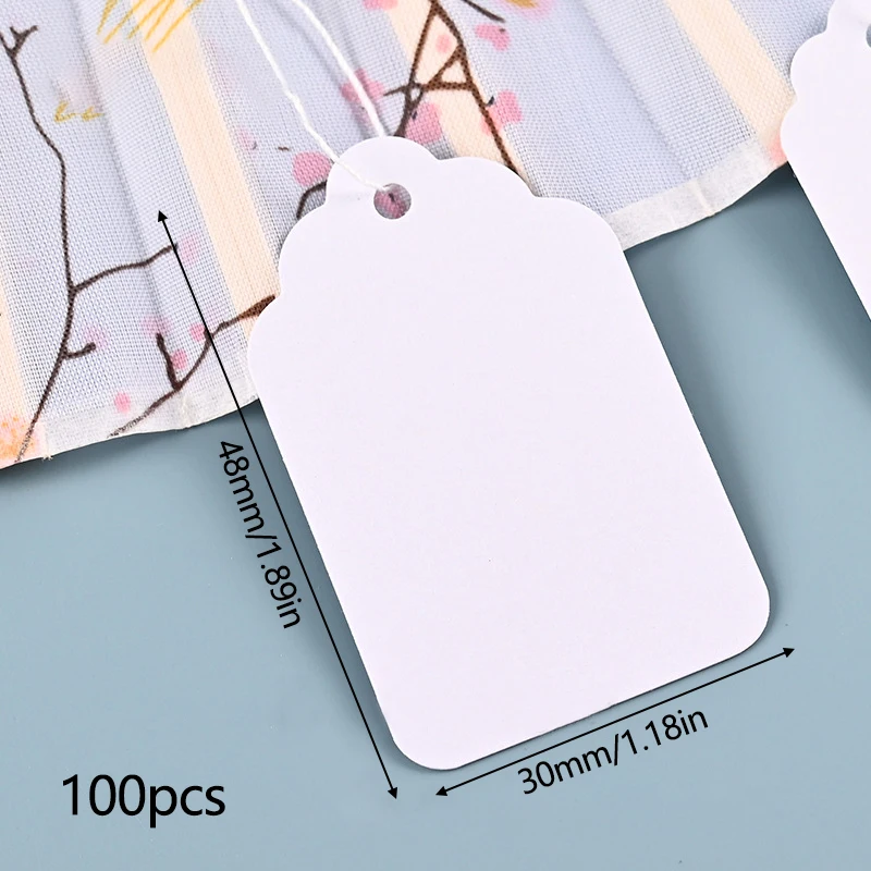 100pcs Rectangular Tags Card With String Hanging Jewelry Clothing Display Price Label Paper Cards Blank Price Tag For Sales