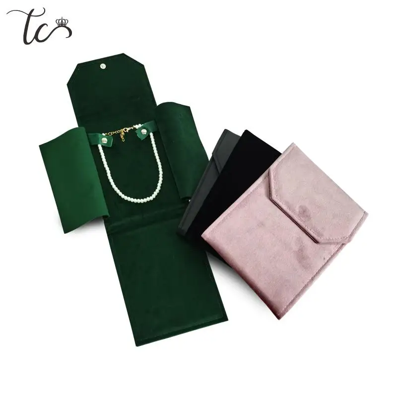 Velvet Pu Leather Button Jewelry Roll Bag Necklace Pendant Bracelet Storage Display Roll Bag