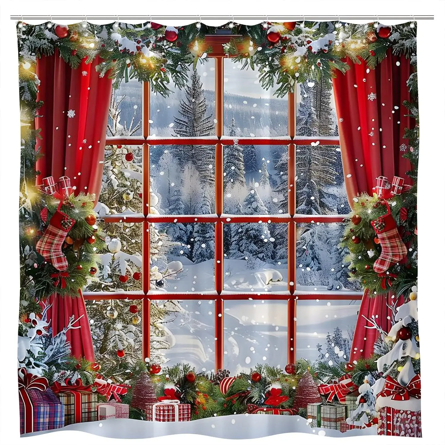 Merry Christmas Shower Curtain Winter Xmas Wreath Snow Scene Snowflake Rustic Forest Farmhouse Holiday New Year Window Bathroom