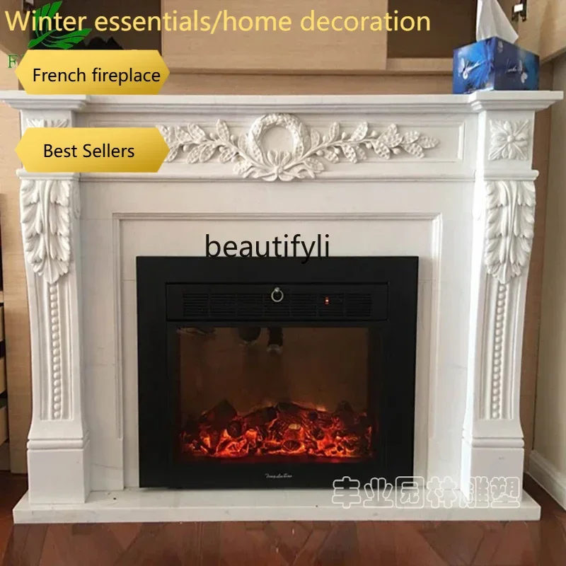 A95 Hand‑carved white marble European fireplace mantel, decorative surround for villa & living‑room TV background wall.