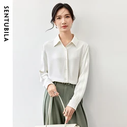 SENTUBILA Office Lady White Shirt for Women 2024 Autumn Slim Fit POLO Neck Folds Long Sleeve Single Breasted Women Top 143C56816