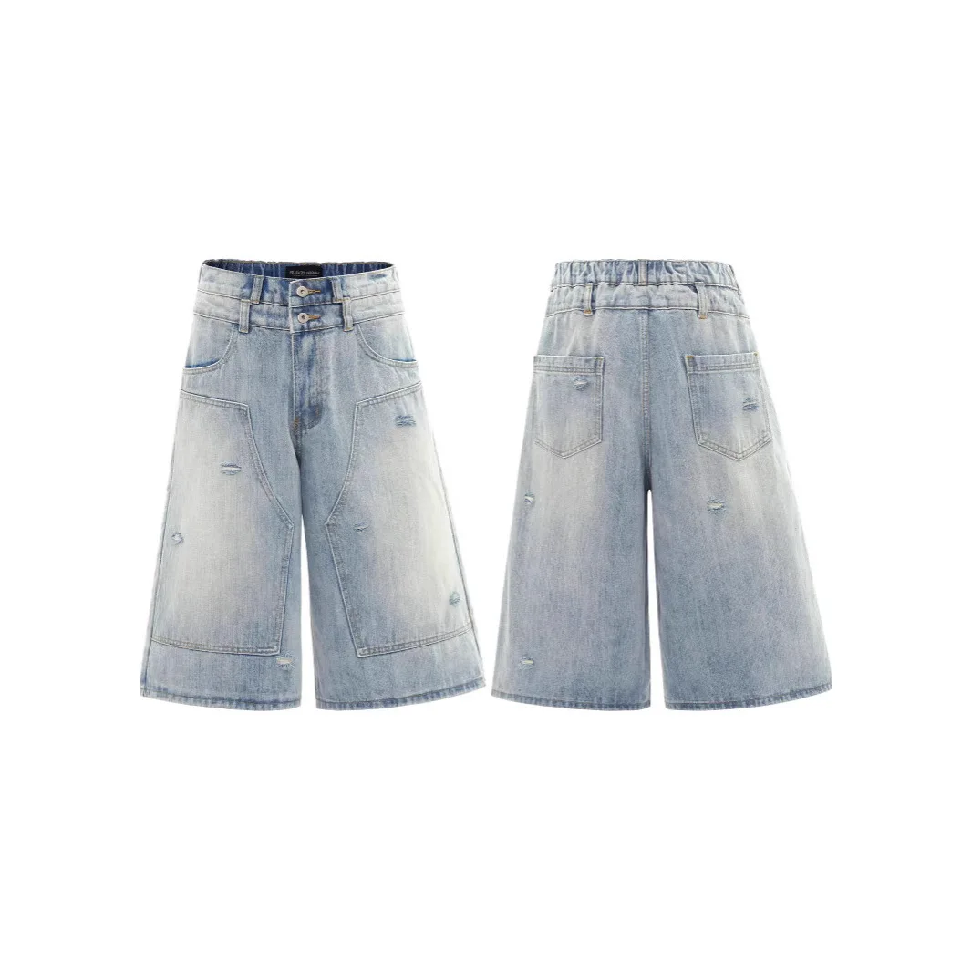 Zomer Amerikaanse gewassen matchetbroek Denim shorts Gedeconstrueerd ontwerp Distressed losse wijde pijpen bijgesneden