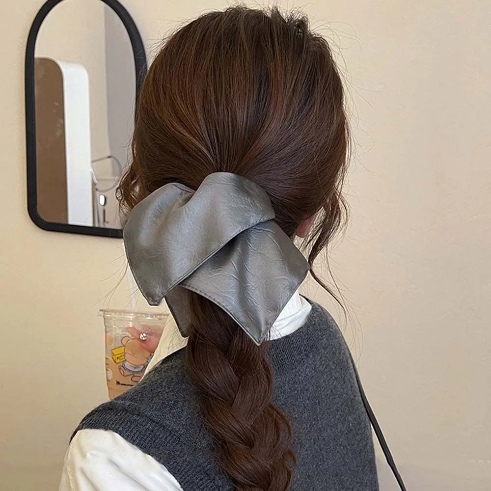 韓国風スクエアレザーヘアタイ、伸縮性のあるプリーツ加工ソフトPUシュシュ、無地ソフトPUレトロポニーテールホルダー、女の子向け
