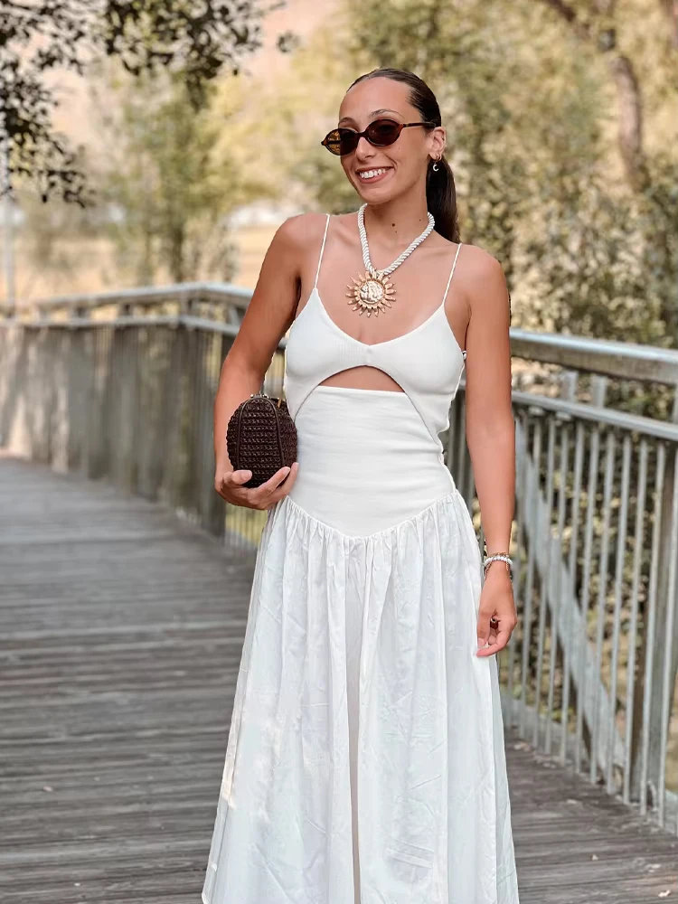 

HH 2025 Woman Summer New Fashion Backless V-Neck Opening Design Midi Sling Dress Female Solid Sleeveless Pleated Party Dress