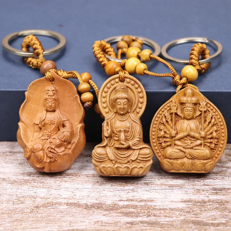 Natural Wood Mahogany Three-Dimensional Engraving Guanyin Barrel Keychain Buddha Key Ring Jewelry Gift For Men And Women 1Pc