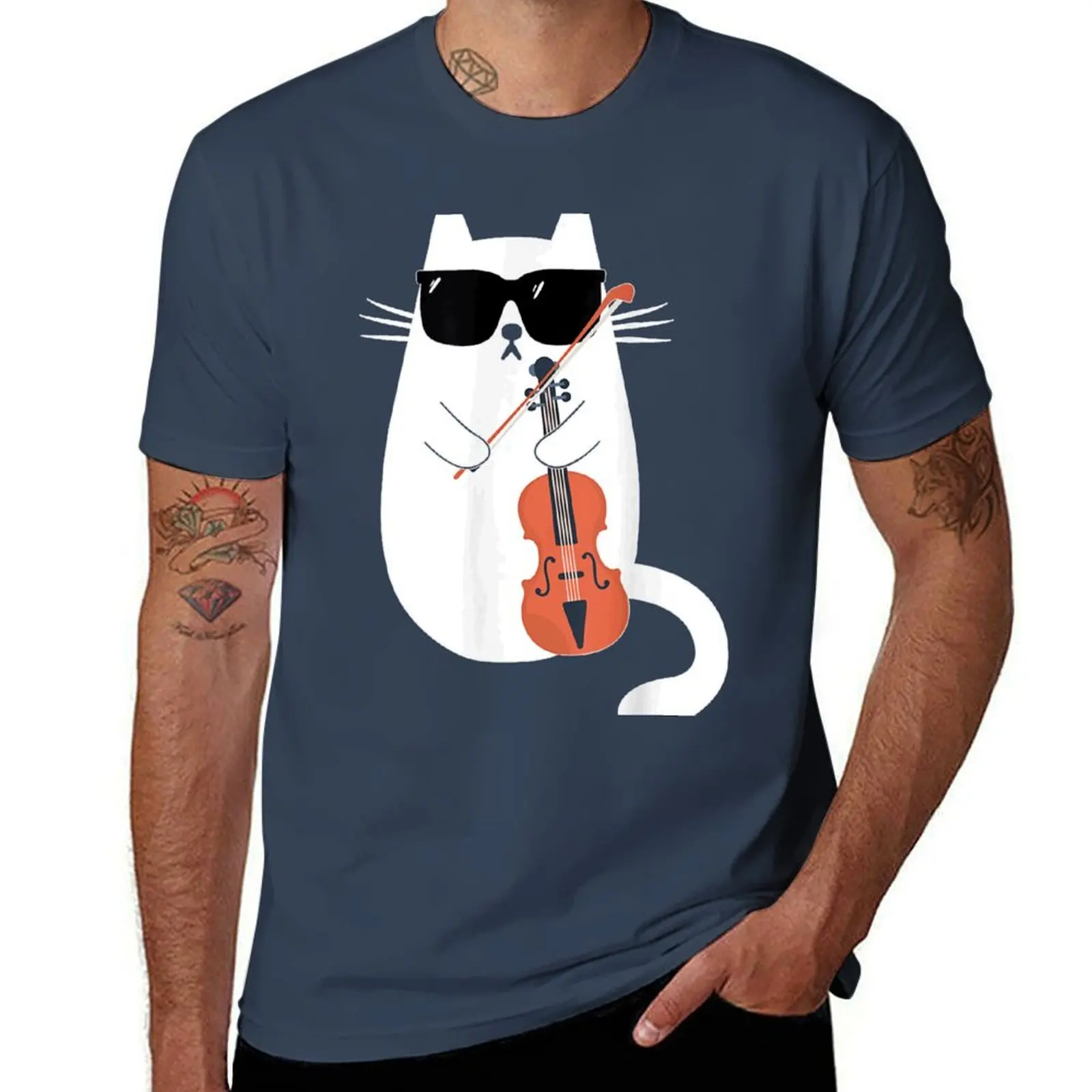 Funny Cat Wearing Sunglasses Playing Violin Viola Musician T-Shirt man t shirt cotton T-Shirt