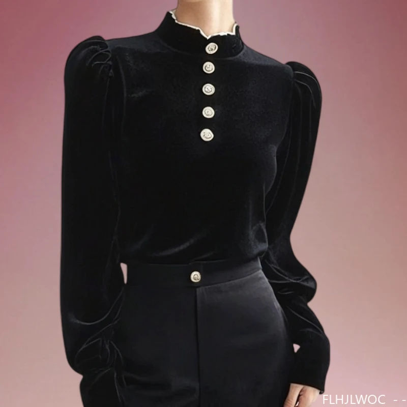 Elegante Oberteile aus schwarzem Samt, Blusen, Neujahr, Damen, Herbst und Winter, Basics, langärmelig, französisches Design, Bling-Knopf-Rollkragenpullover