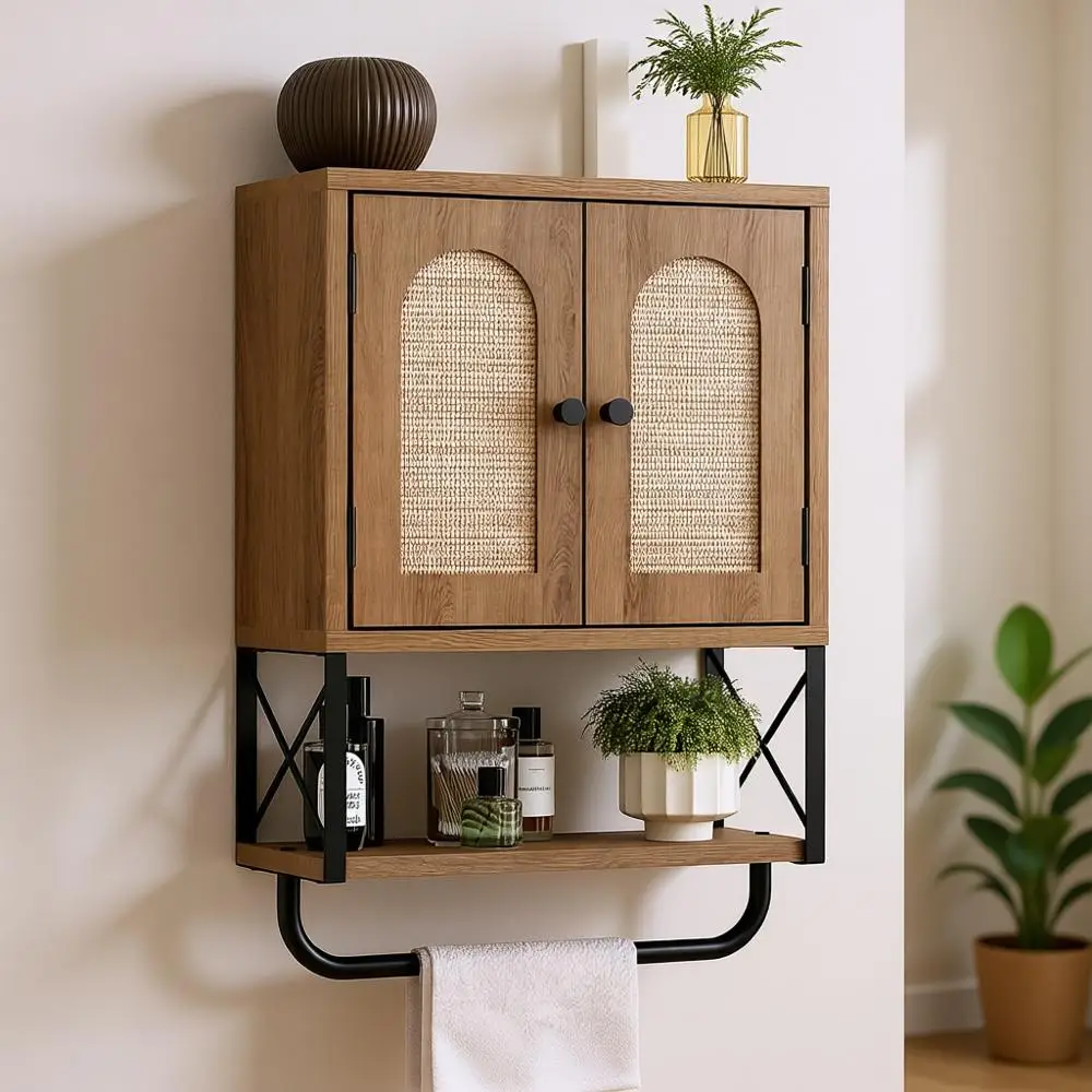 

Rustic Oak Small Boho Rattan Toilet Storage Cabinet with Arched Door, Adjustable Shelves and Towel Bar
