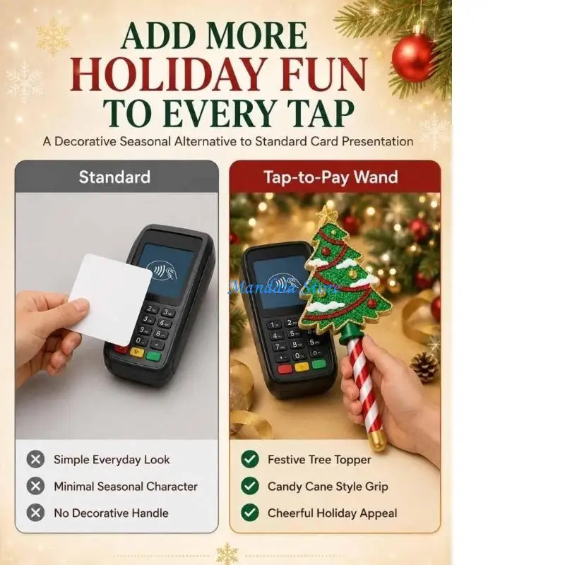 U2JC Christmas Tree Wand Payment Card Holders 3D Printed Candy Cane Handle Contactless Checkout Accessory Holiday Decoration
