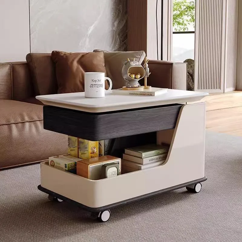 Solid Wood Chinese-Style Mobile Coffee Table with WheelsHeight-Adjustable, Multi-Functional As Desk/Nightstand for Small Spaces