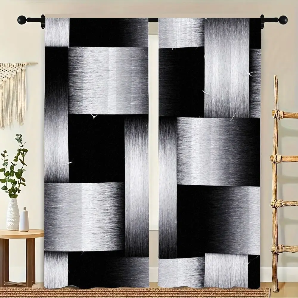 

2Pcs Curtains Silver Metallic Rectangular Strips Window Drapes for Bedroom Living Room Decoration Window Treatment.