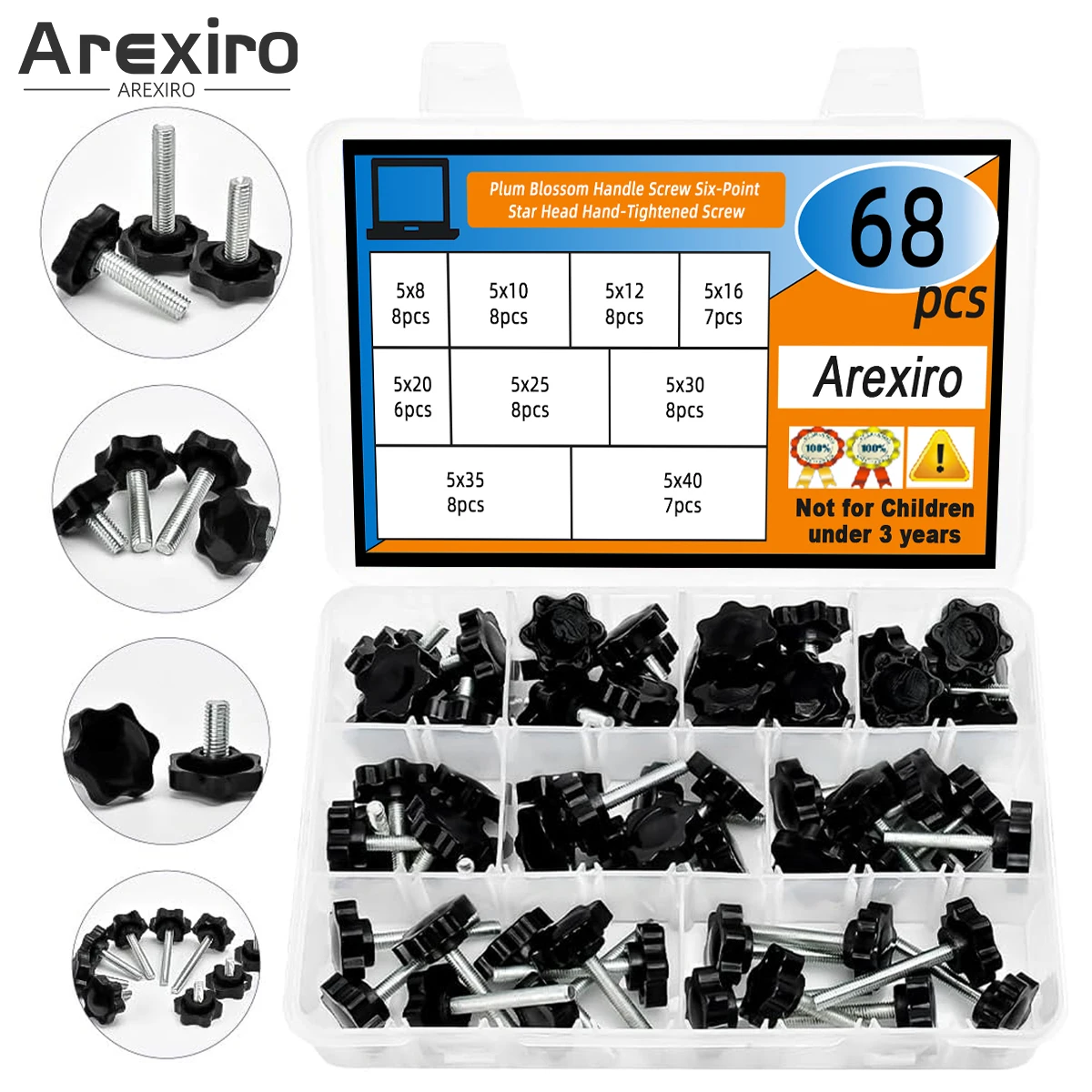 68 個 M5x8/10/12/16/20/25/40 ミリメートル炭素鋼黒プラスチック星頭ネジ固定ネジメトリックハンドルネジボルトファスナー