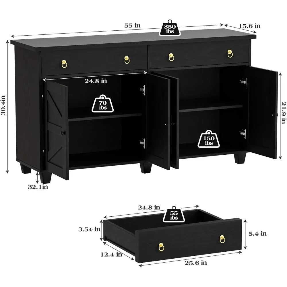 Buffet Cabinet with Storage, 55”Large Coffee Bar Cabinet with 2 Drawers and 4 Barn Doors, Adjustable Shelf