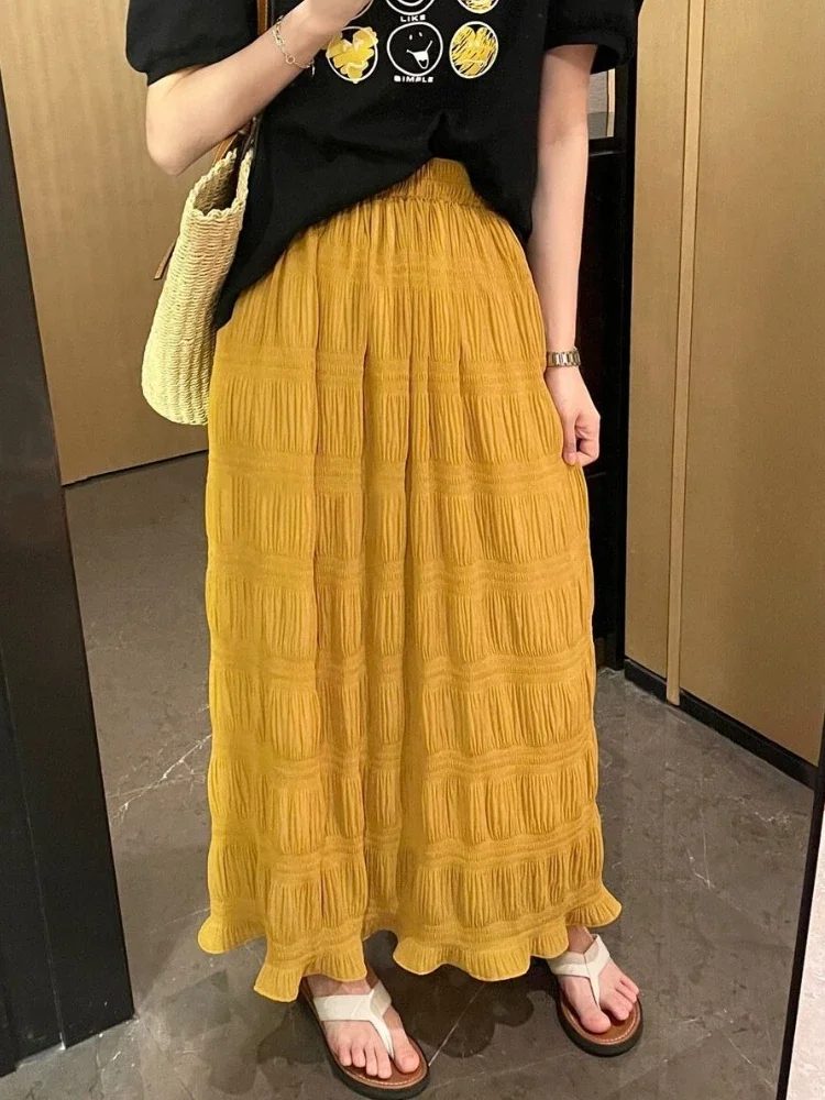 Maxi Skirts Women Temper Folds Vintage Summer Thin Streetwear Straight Baggy Casual Girl Minimalist Simple Basics Faldas Daily