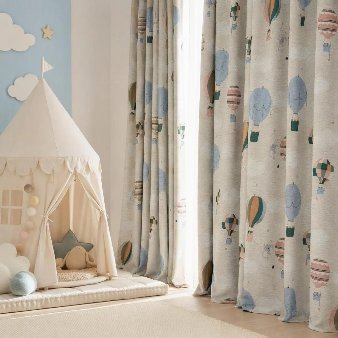 Cute Hot Air Balloon Print Curtain,Textured Woven Drapes,Adorable Cartoon Window Curtains for Kids Boys Girls Bedroom