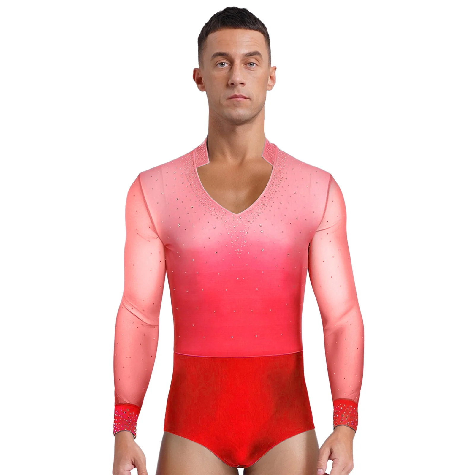Men's Acrobatics Gymnastics Jumpsuit Chacha Sheer Mesh Latin Dance Bodysuit Skating Salsa Samba Peplum Leotard Long Sleeve Tops
