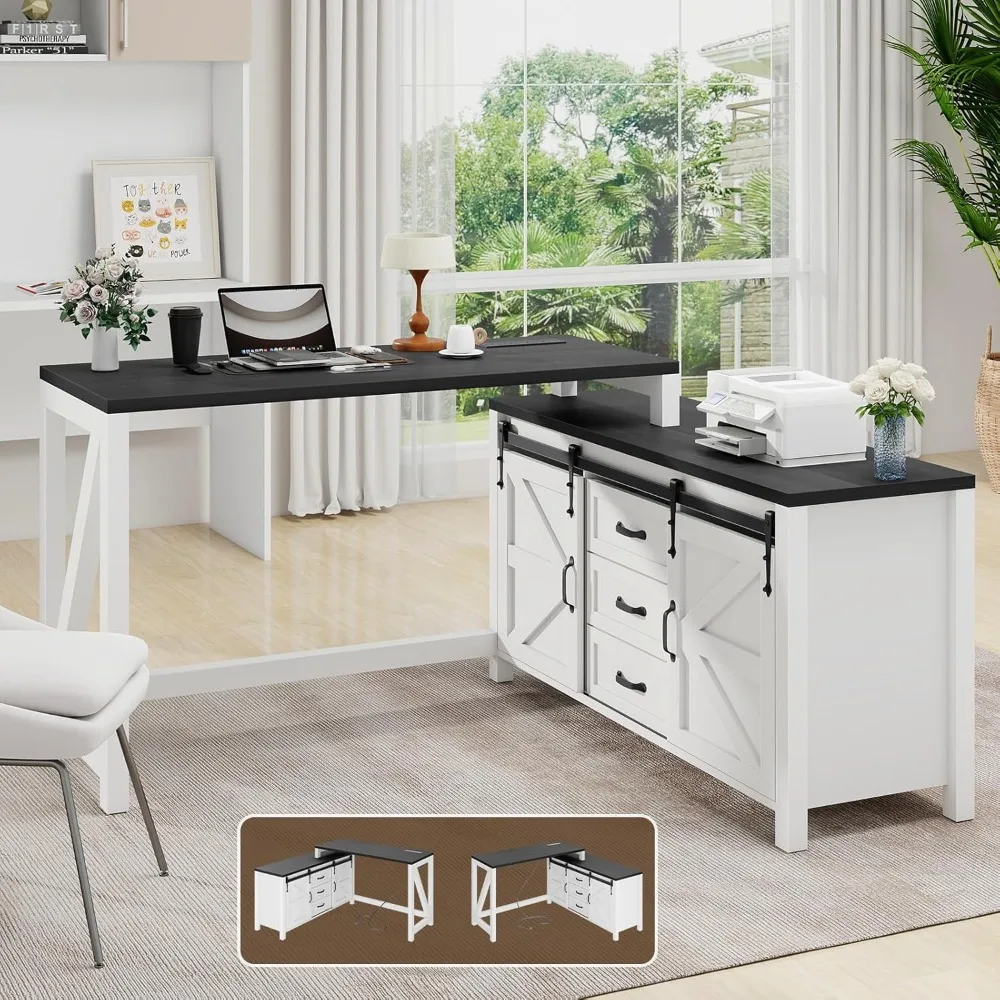 

L Shaped Desk With Drawers, Farmhouse Executive Wood Home Office With Power Outlet, Rustic Reversible Computer With Storage Cabi